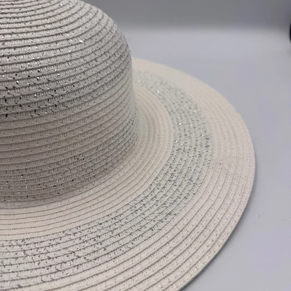 NYA New York Accessory Group Ivory Straw SunHat Metallic SilverShimmer Wide Brim